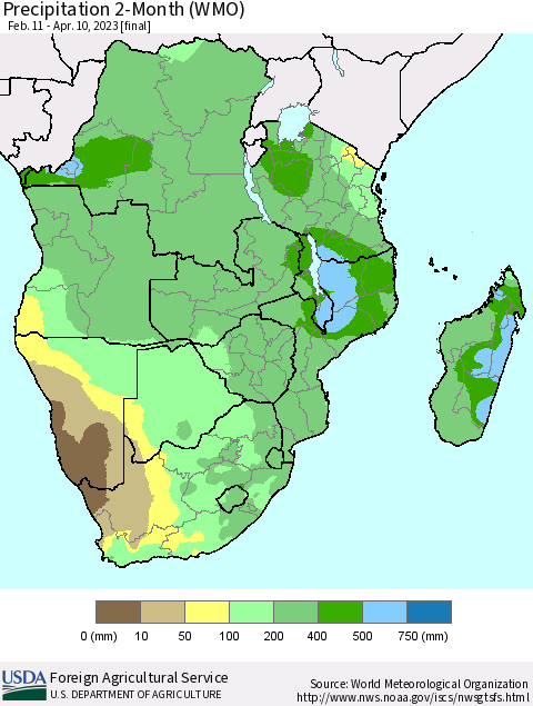 Southern Africa Precipitation 2-Month (WMO) Thematic Map For 2/11/2023 - 4/10/2023