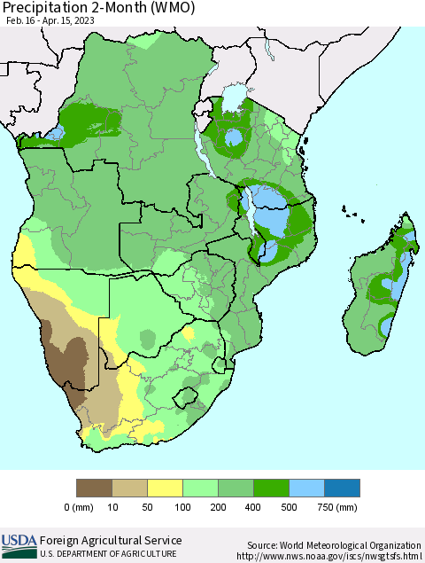 Southern Africa Precipitation 2-Month (WMO) Thematic Map For 2/16/2023 - 4/15/2023