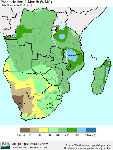 Southern Africa Precipitation 2-Month (WMO) Thematic Map For 2/21/2023 - 4/20/2023