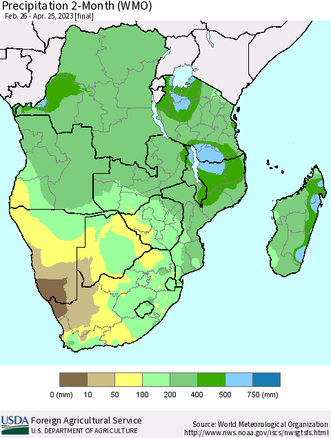 Southern Africa Precipitation 2-Month (WMO) Thematic Map For 2/26/2023 - 4/25/2023