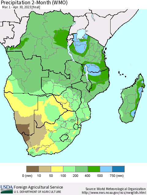Southern Africa Precipitation 2-Month (WMO) Thematic Map For 3/1/2023 - 4/30/2023