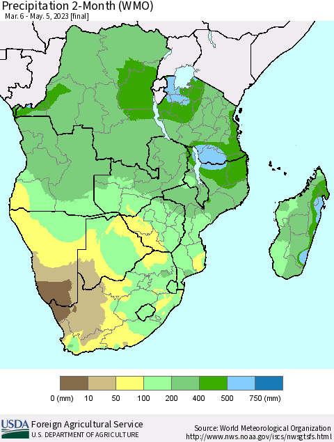 Southern Africa Precipitation 2-Month (WMO) Thematic Map For 3/6/2023 - 5/5/2023