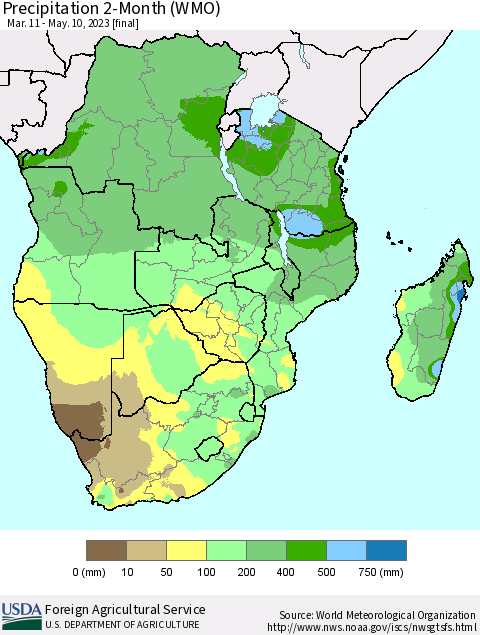 Southern Africa Precipitation 2-Month (WMO) Thematic Map For 3/11/2023 - 5/10/2023