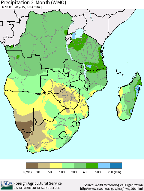 Southern Africa Precipitation 2-Month (WMO) Thematic Map For 3/16/2023 - 5/15/2023