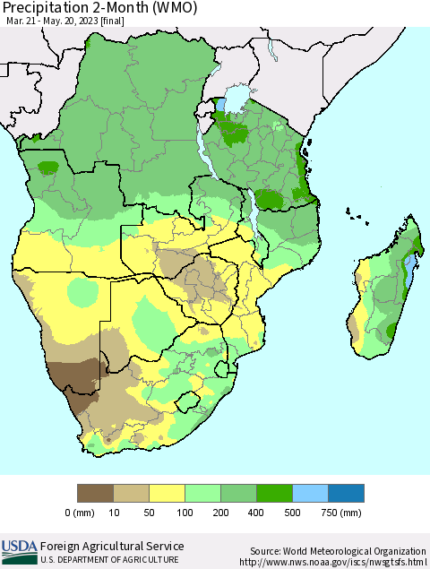 Southern Africa Precipitation 2-Month (WMO) Thematic Map For 3/21/2023 - 5/20/2023
