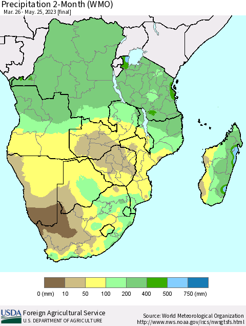 Southern Africa Precipitation 2-Month (WMO) Thematic Map For 3/26/2023 - 5/25/2023
