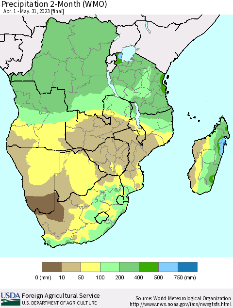 Southern Africa Precipitation 2-Month (WMO) Thematic Map For 4/1/2023 - 5/31/2023