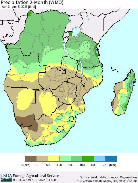 Southern Africa Precipitation 2-Month (WMO) Thematic Map For 4/6/2023 - 6/5/2023