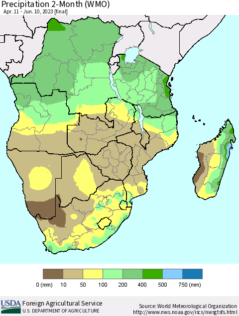 Southern Africa Precipitation 2-Month (WMO) Thematic Map For 4/11/2023 - 6/10/2023
