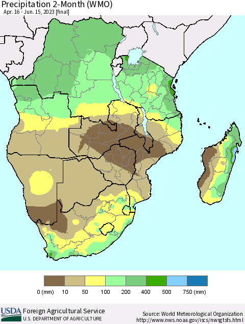 Southern Africa Precipitation 2-Month (WMO) Thematic Map For 4/16/2023 - 6/15/2023