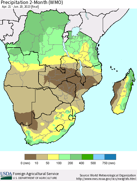 Southern Africa Precipitation 2-Month (WMO) Thematic Map For 4/21/2023 - 6/20/2023