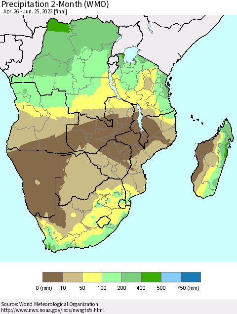 Southern Africa Precipitation 2-Month (WMO) Thematic Map For 4/26/2023 - 6/25/2023