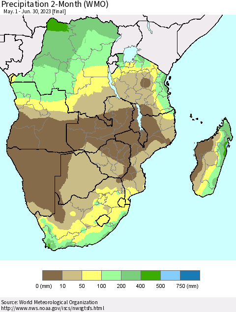 Southern Africa Precipitation 2-Month (WMO) Thematic Map For 5/1/2023 - 6/30/2023