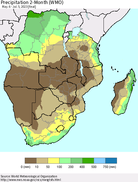 Southern Africa Precipitation 2-Month (WMO) Thematic Map For 5/6/2023 - 7/5/2023