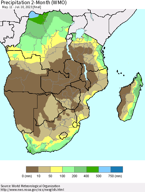 Southern Africa Precipitation 2-Month (WMO) Thematic Map For 5/11/2023 - 7/10/2023