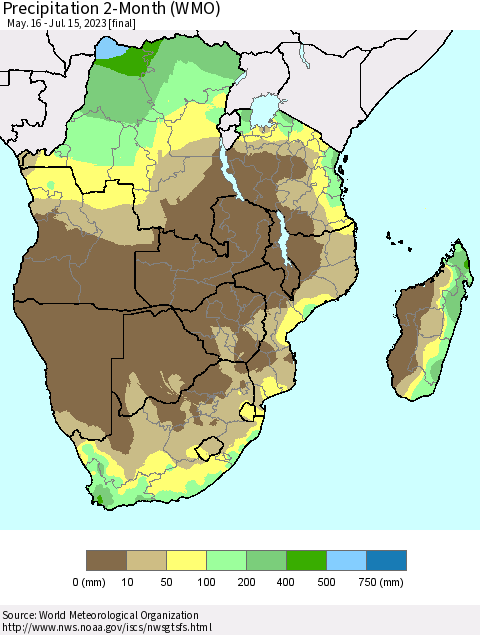 Southern Africa Precipitation 2-Month (WMO) Thematic Map For 5/16/2023 - 7/15/2023