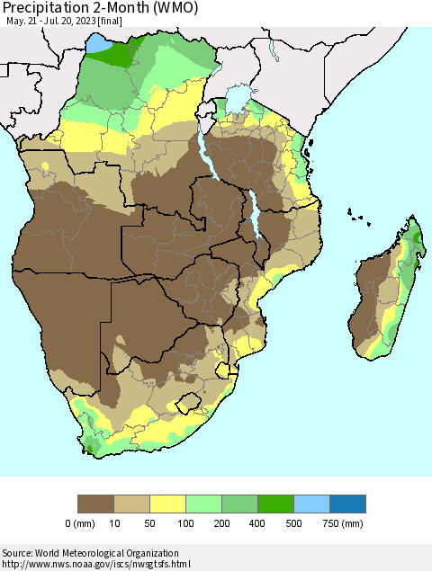 Southern Africa Precipitation 2-Month (WMO) Thematic Map For 5/21/2023 - 7/20/2023