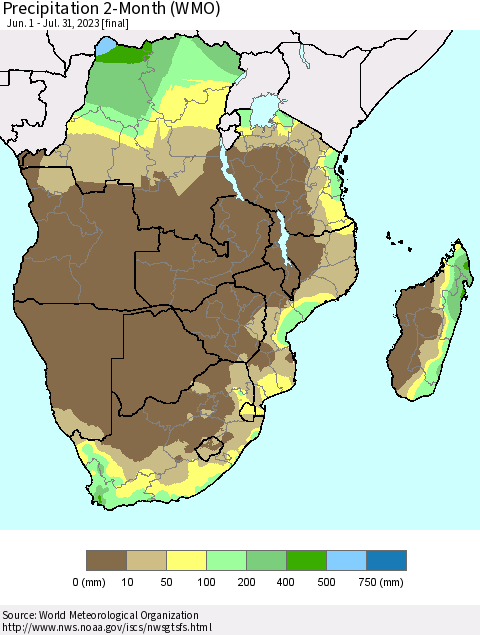 Southern Africa Precipitation 2-Month (WMO) Thematic Map For 6/1/2023 - 7/31/2023