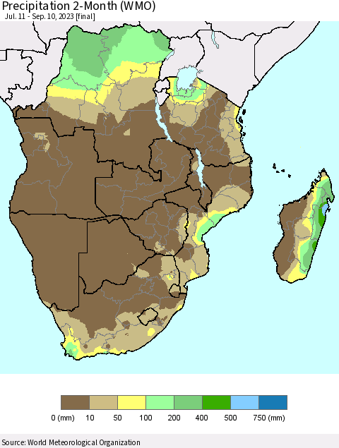Southern Africa Precipitation 2-Month (WMO) Thematic Map For 7/11/2023 - 9/10/2023