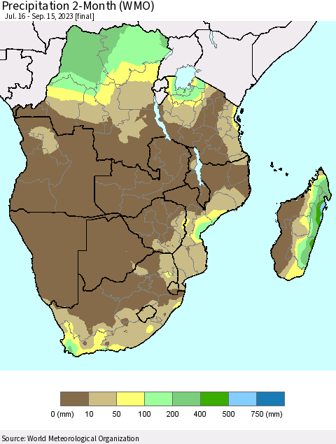 Southern Africa Precipitation 2-Month (WMO) Thematic Map For 7/16/2023 - 9/15/2023