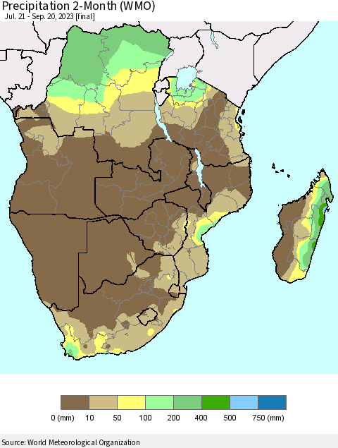 Southern Africa Precipitation 2-Month (WMO) Thematic Map For 7/21/2023 - 9/20/2023