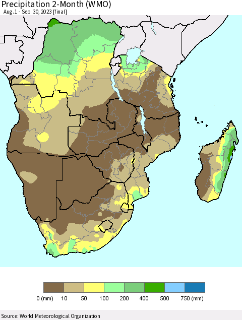 Southern Africa Precipitation 2-Month (WMO) Thematic Map For 8/1/2023 - 9/30/2023