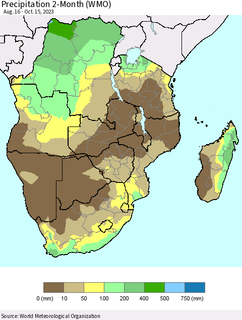 Southern Africa Precipitation 2-Month (WMO) Thematic Map For 8/16/2023 - 10/15/2023
