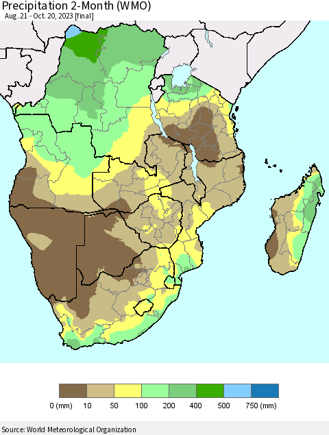 Southern Africa Precipitation 2-Month (WMO) Thematic Map For 8/21/2023 - 10/20/2023