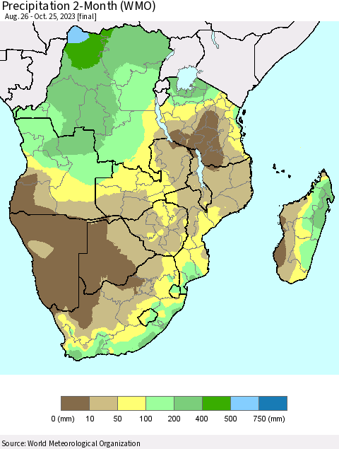 Southern Africa Precipitation 2-Month (WMO) Thematic Map For 8/26/2023 - 10/25/2023