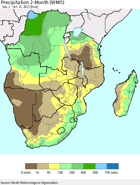 Southern Africa Precipitation 2-Month (WMO) Thematic Map For 9/1/2023 - 10/31/2023