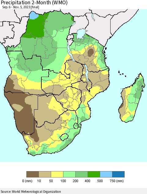 Southern Africa Precipitation 2-Month (WMO) Thematic Map For 9/6/2023 - 11/5/2023