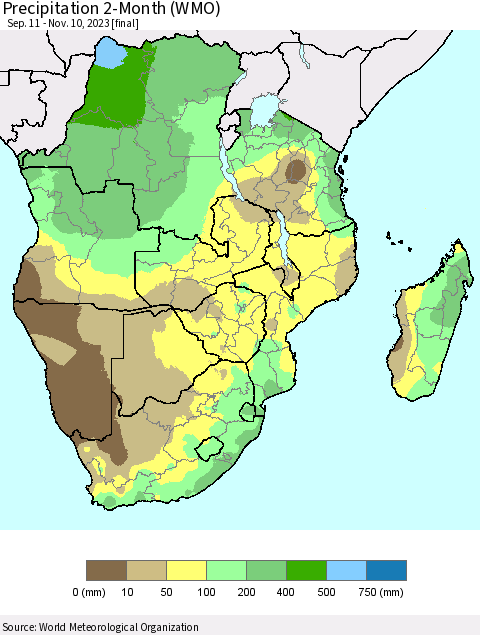 Southern Africa Precipitation 2-Month (WMO) Thematic Map For 9/11/2023 - 11/10/2023