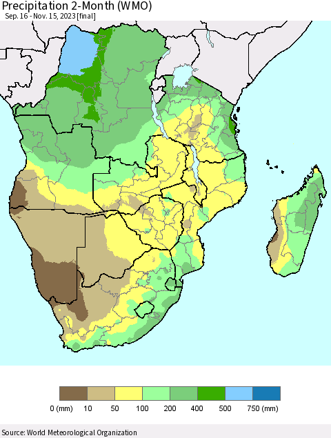 Southern Africa Precipitation 2-Month (WMO) Thematic Map For 9/16/2023 - 11/15/2023