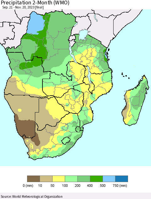 Southern Africa Precipitation 2-Month (WMO) Thematic Map For 9/21/2023 - 11/20/2023