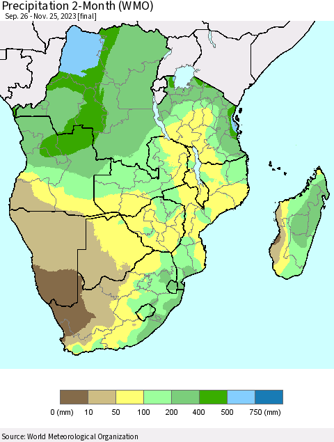 Southern Africa Precipitation 2-Month (WMO) Thematic Map For 9/26/2023 - 11/25/2023
