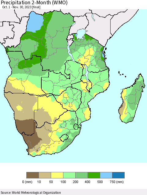 Southern Africa Precipitation 2-Month (WMO) Thematic Map For 10/1/2023 - 11/30/2023