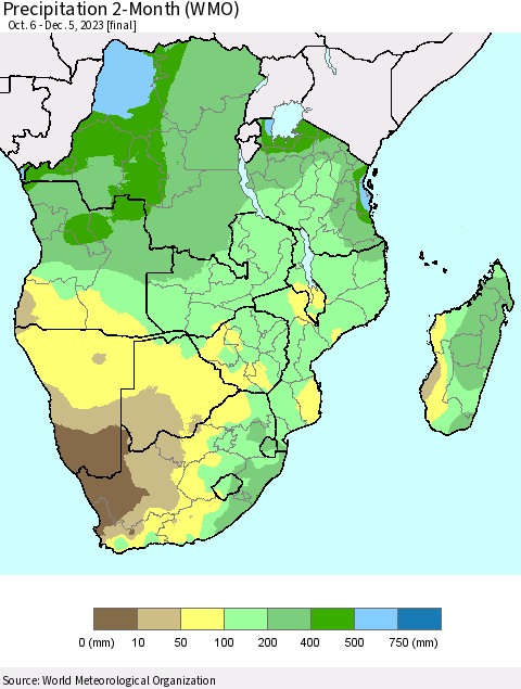 Southern Africa Precipitation 2-Month (WMO) Thematic Map For 10/6/2023 - 12/5/2023