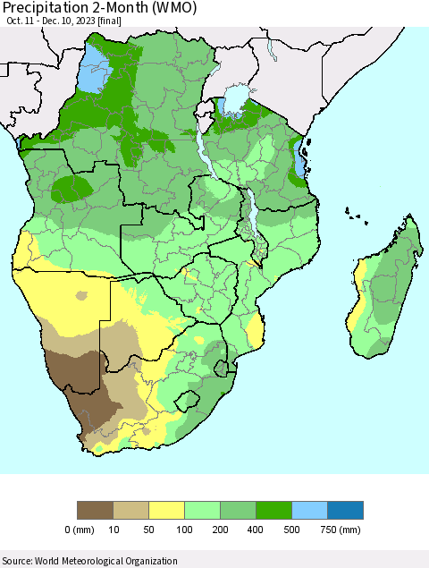 Southern Africa Precipitation 2-Month (WMO) Thematic Map For 10/11/2023 - 12/10/2023
