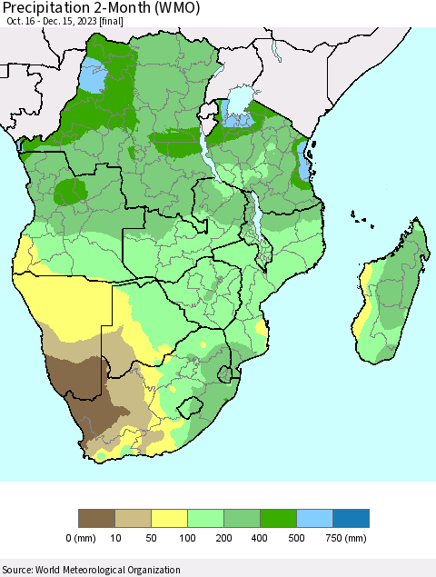 Southern Africa Precipitation 2-Month (WMO) Thematic Map For 10/16/2023 - 12/15/2023
