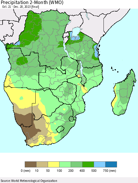Southern Africa Precipitation 2-Month (WMO) Thematic Map For 10/21/2023 - 12/20/2023