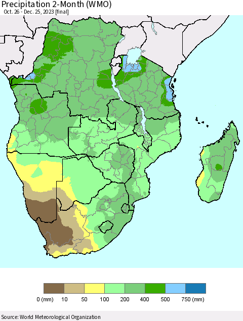 Southern Africa Precipitation 2-Month (WMO) Thematic Map For 10/26/2023 - 12/25/2023