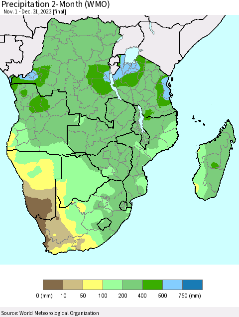 Southern Africa Precipitation 2-Month (WMO) Thematic Map For 11/1/2023 - 12/31/2023