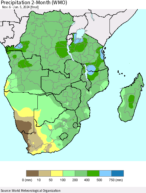 Southern Africa Precipitation 2-Month (WMO) Thematic Map For 11/6/2023 - 1/5/2024