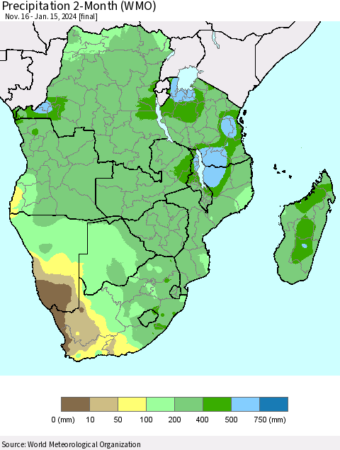 Southern Africa Precipitation 2-Month (WMO) Thematic Map For 11/16/2023 - 1/15/2024