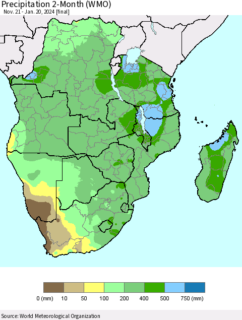Southern Africa Precipitation 2-Month (WMO) Thematic Map For 11/21/2023 - 1/20/2024