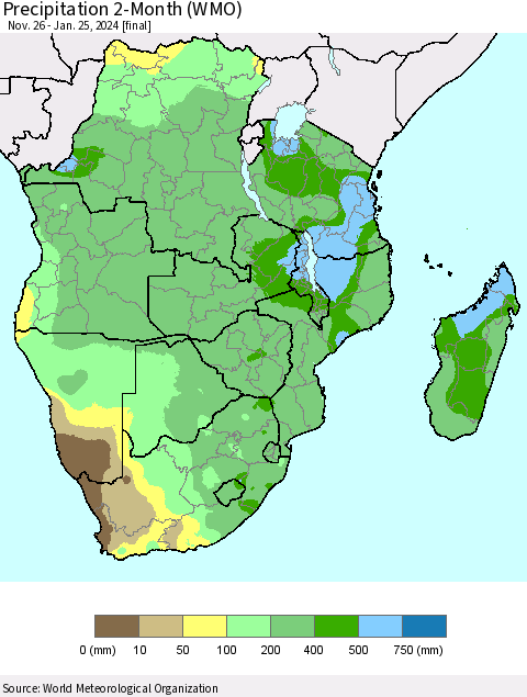 Southern Africa Precipitation 2-Month (WMO) Thematic Map For 11/26/2023 - 1/25/2024