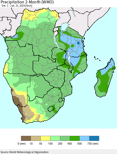Southern Africa Precipitation 2-Month (WMO) Thematic Map For 12/1/2023 - 1/31/2024