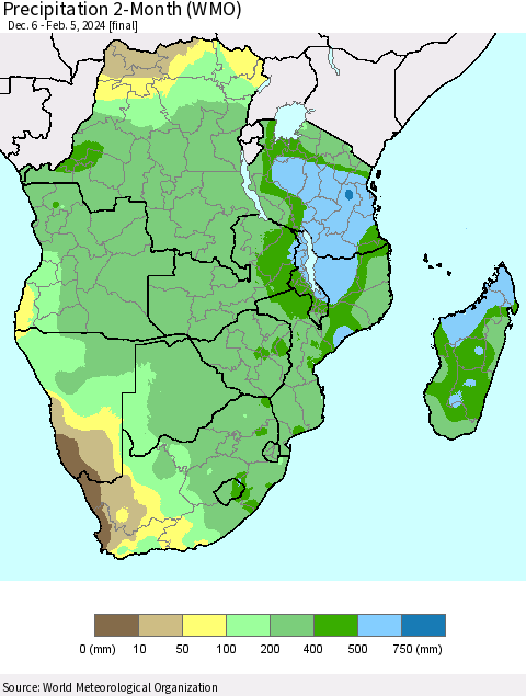 Southern Africa Precipitation 2-Month (WMO) Thematic Map For 12/6/2023 - 2/5/2024