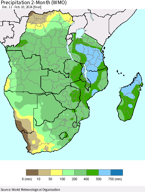 Southern Africa Precipitation 2-Month (WMO) Thematic Map For 12/11/2023 - 2/10/2024