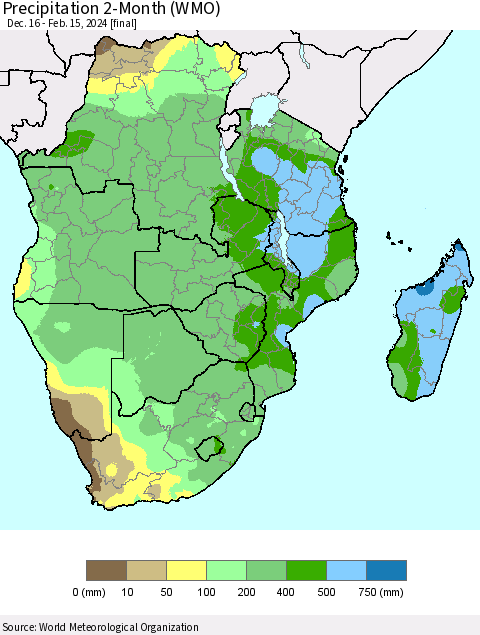 Southern Africa Precipitation 2-Month (WMO) Thematic Map For 12/16/2023 - 2/15/2024
